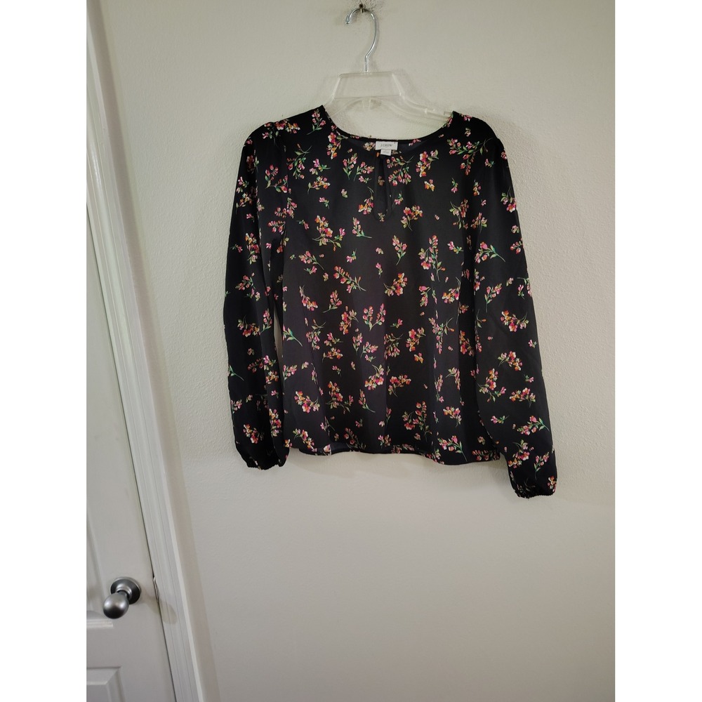 J.Crew Womens‎ Black Floral Long Sleeve Keyhole Blouse Top Large L